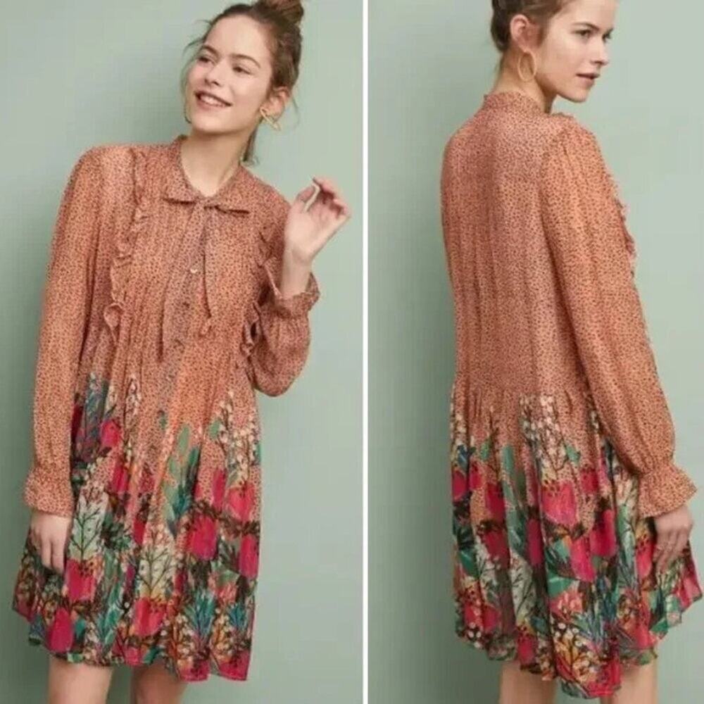 Anthropologie Blnk London Eirena Shirtdress Metallic Tie Neck Small Petite